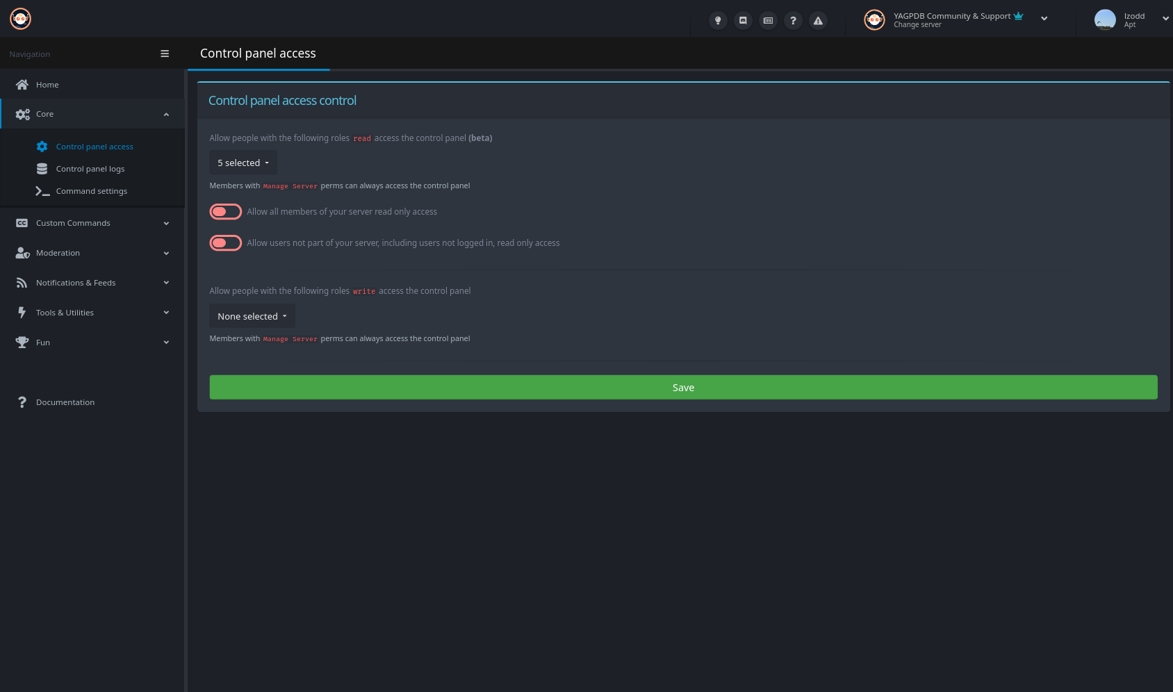 Overview of the control panel access configuration page.