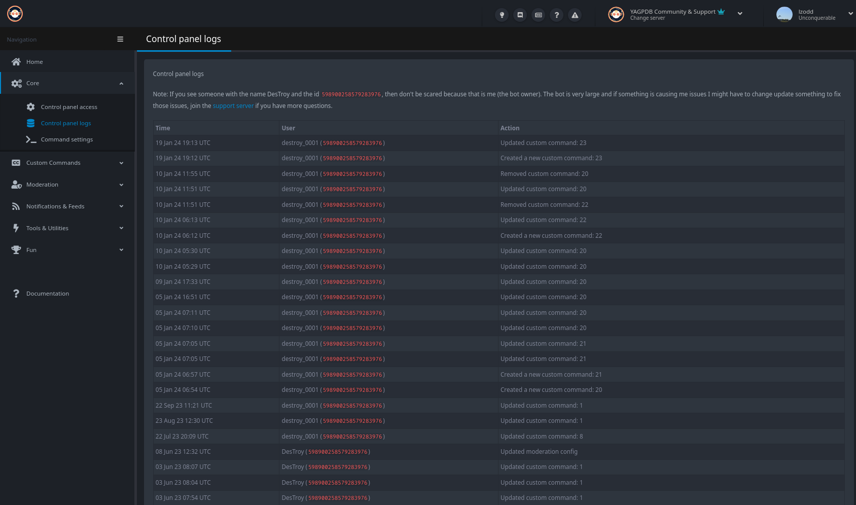 Screenshot of some example control panel logs.