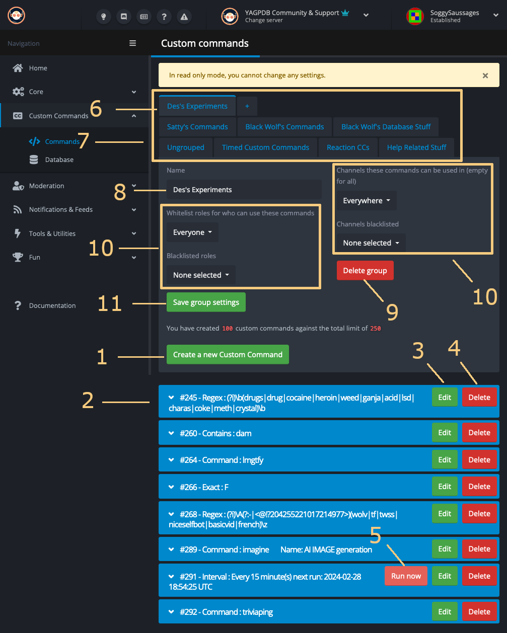 Overview of the Commands page.