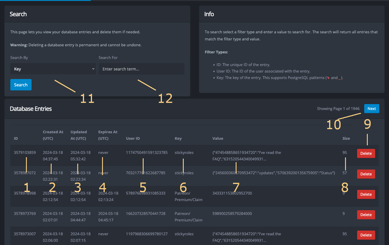 Overview of the Database page.