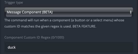 A custom command triggering on the message component custom ID “duck”
