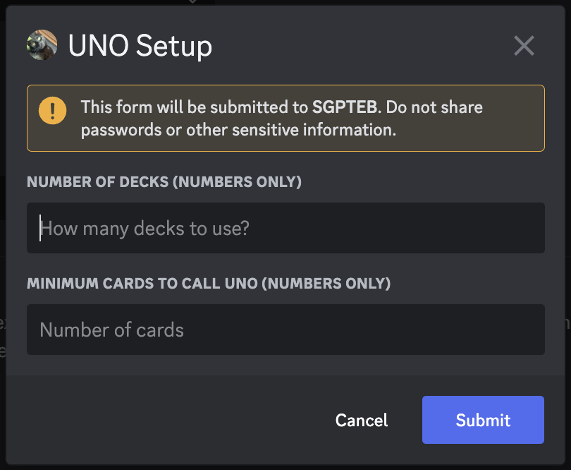 A modal for setting up a game of UNO